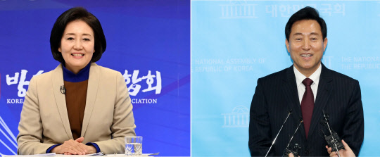 오세훈 국민의힘 4ㆍ7 서울시장 보궐선거 후보(오른쪽)가 23일  야권후보 단일화 경선에서 승리하면서 박영선 더불어민주당 후보(왼쪽)와 각각 여야 진영을 대표하는 단일후보로서 맞붙게 됐다.[자료사진=연합뉴스]